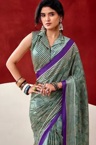 Sea green soft dull silk fancy printed saree