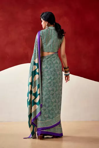 Sea green soft dull silk fancy printed saree