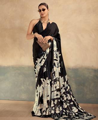 Black luxurious kalamkari art printed satin silk saree 1