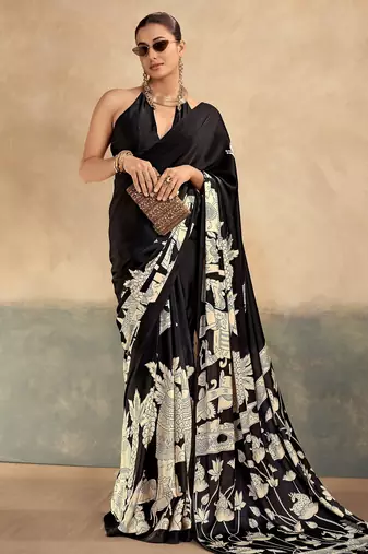 Black luxurious kalamkari art printed satin silk saree
