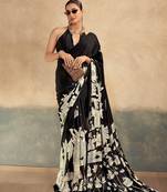 Black luxurious kalamkari art printed satin silk saree