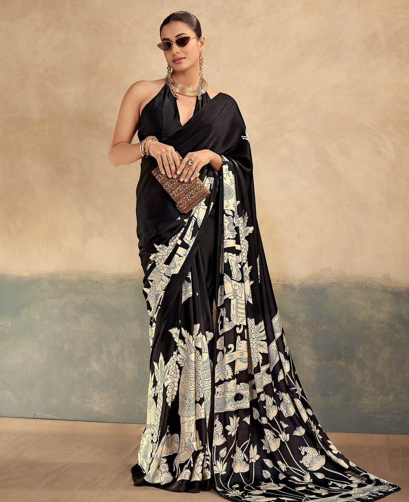 Black luxurious kalamkari art printed satin silk saree