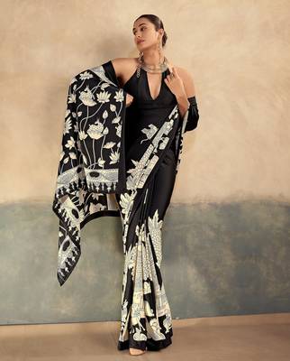 Black luxurious kalamkari art printed satin silk saree 2