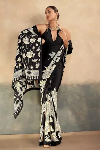 Black luxurious kalamkari art printed satin silk saree