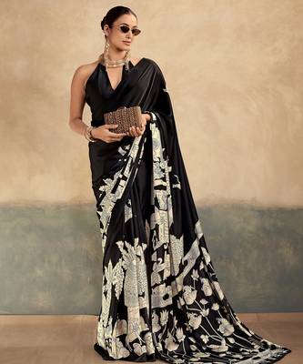 Black luxurious kalamkari art printed satin silk saree 3