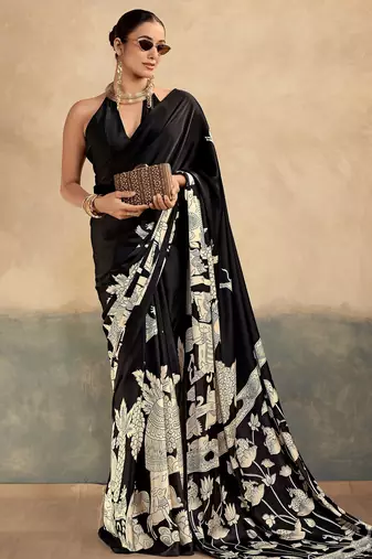 Black luxurious kalamkari art printed satin silk saree