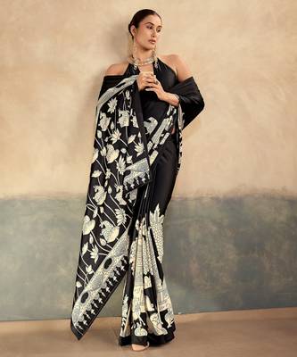 Black luxurious kalamkari art printed satin silk saree 4