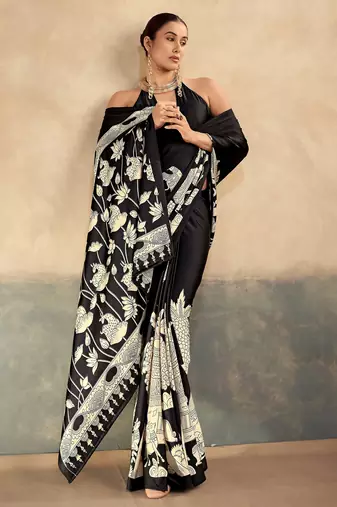 Black luxurious kalamkari art printed satin silk saree