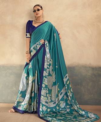 Firozi luxurious kalamkari art printed satin silk saree 1