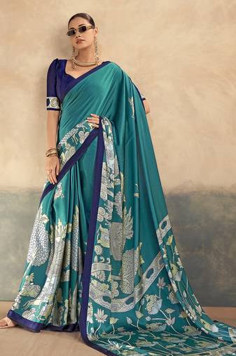 Firozi luxurious kalamkari art printed satin silk saree