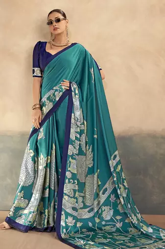 Firozi luxurious kalamkari art printed satin silk saree