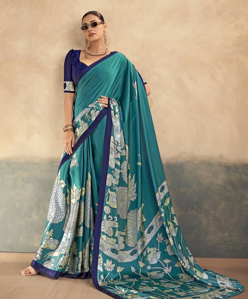 Firozi luxurious kalamkari art printed satin silk saree