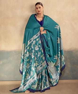 Firozi luxurious kalamkari art printed satin silk saree 2