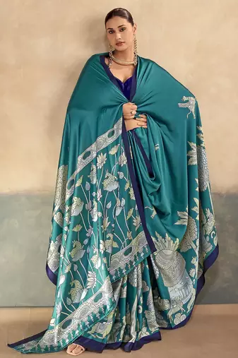 Firozi luxurious kalamkari art printed satin silk saree