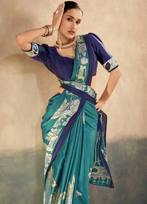 Firozi luxurious kalamkari art printed satin silk saree 3