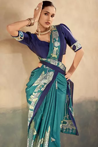Firozi luxurious kalamkari art printed satin silk saree