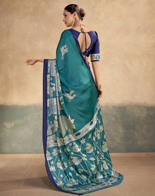 Firozi luxurious kalamkari art printed satin silk saree 4