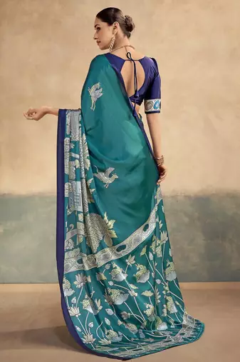 Firozi luxurious kalamkari art printed satin silk saree