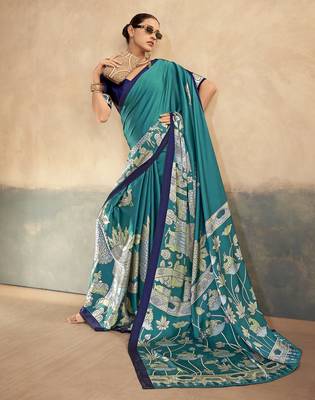 Firozi luxurious kalamkari art printed satin silk saree 5