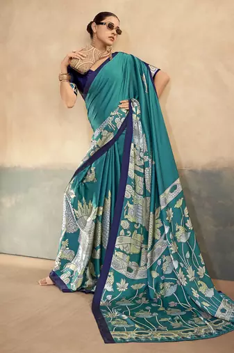 Firozi luxurious kalamkari art printed satin silk saree