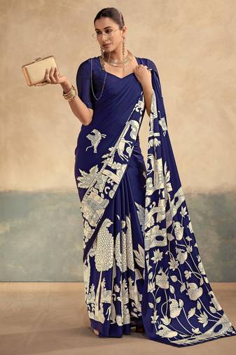 Navy blue luxurious kalamkari art printed satin silk saree