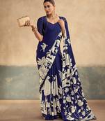 Navy blue luxurious kalamkari art printed satin silk saree