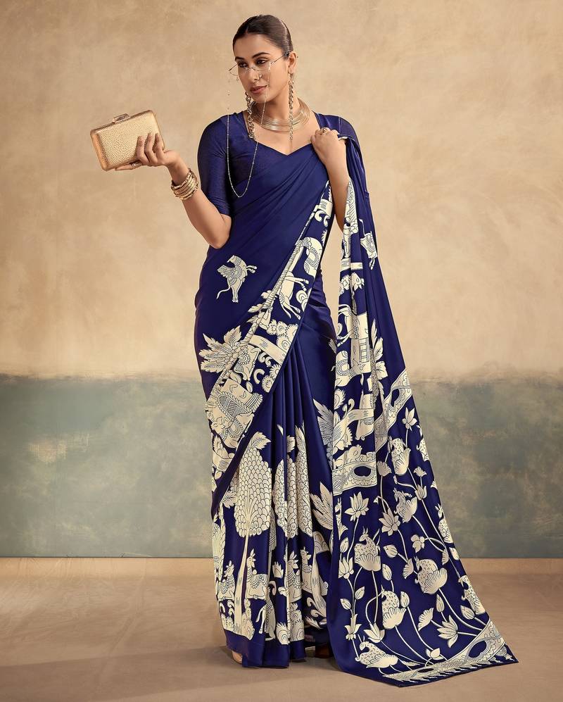 Navy blue luxurious kalamkari art printed satin silk saree