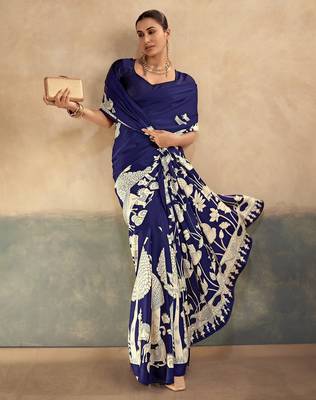 Navy blue luxurious kalamkari art printed satin silk saree 2