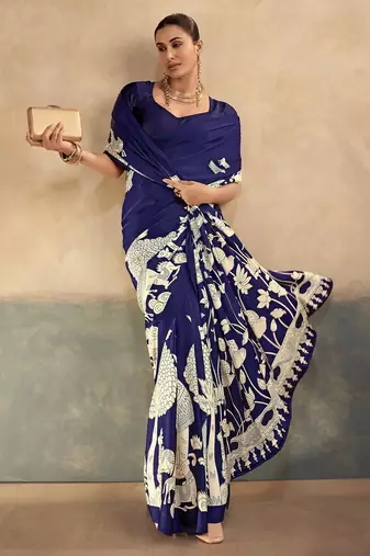 Navy blue luxurious kalamkari art printed satin silk saree