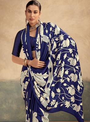 Navy blue luxurious kalamkari art printed satin silk saree 3