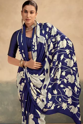 Navy blue luxurious kalamkari art printed satin silk saree
