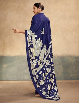 Navy blue luxurious kalamkari art printed satin silk saree 4