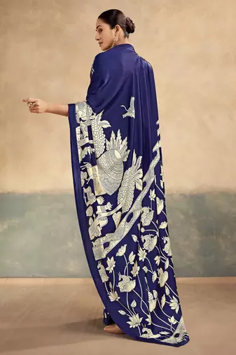 Navy blue luxurious kalamkari art printed satin silk saree