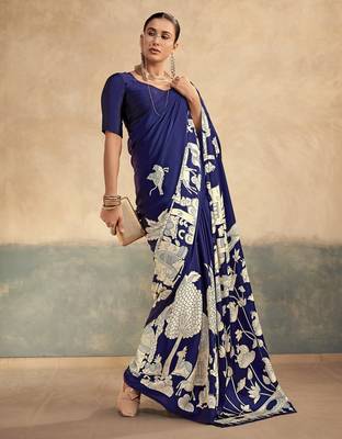 Navy blue luxurious kalamkari art printed satin silk saree 5