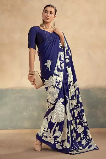 Navy blue luxurious kalamkari art printed satin silk saree