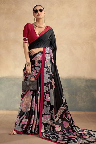 Red luxurious kalamkari art printed satin silk saree