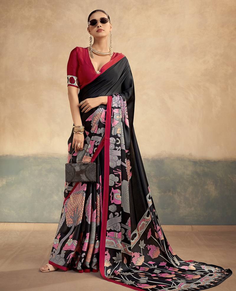 Red luxurious kalamkari art printed satin silk saree