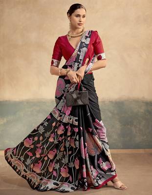 Red luxurious kalamkari art printed satin silk saree 2