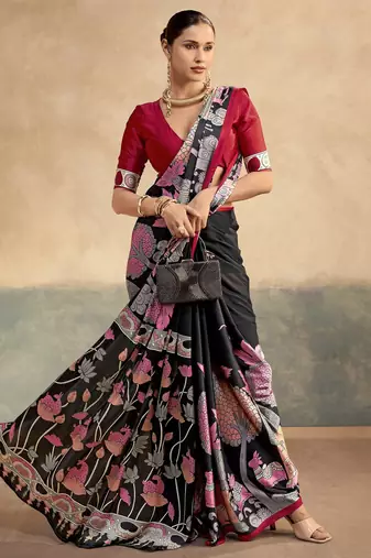Red luxurious kalamkari art printed satin silk saree