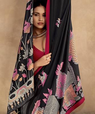 Red luxurious kalamkari art printed satin silk saree 3