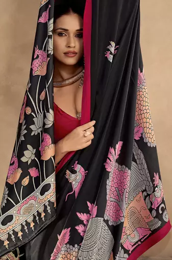 Red luxurious kalamkari art printed satin silk saree