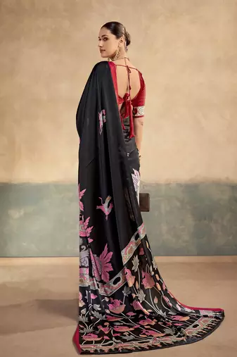 Red luxurious kalamkari art printed satin silk saree