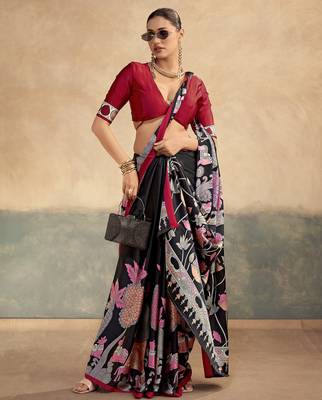 Red luxurious kalamkari art printed satin silk saree 5