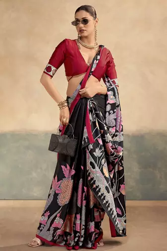 Red luxurious kalamkari art printed satin silk saree