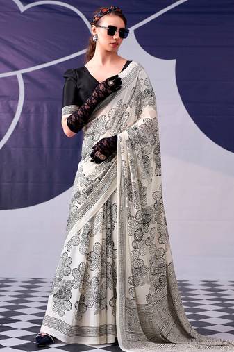 Black classic beauty satin sik floral printed with smooth texture saree