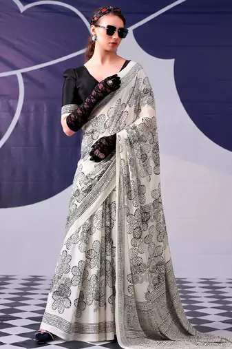 Black classic beauty satin sik floral printed with smooth texture saree