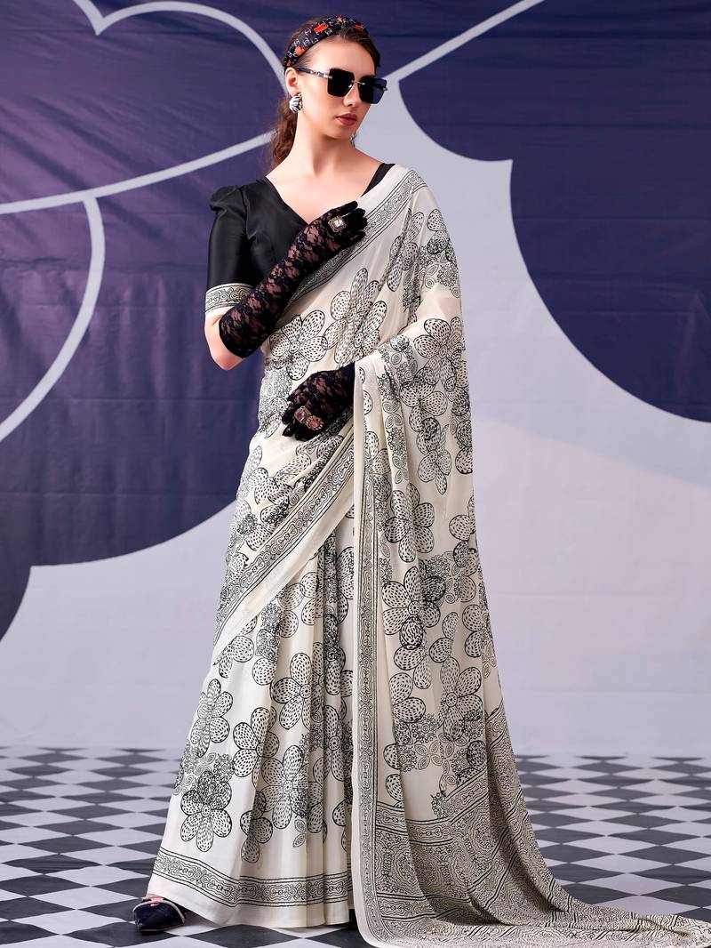 Black classic beauty satin sik floral printed with smooth texture saree