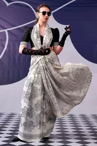 Black classic beauty satin sik floral printed with smooth texture saree