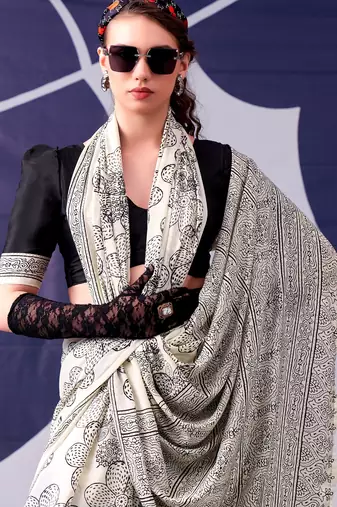 Black classic beauty satin sik floral printed with smooth texture saree