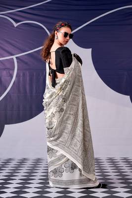 Black classic beauty satin sik floral printed with smooth texture saree 4